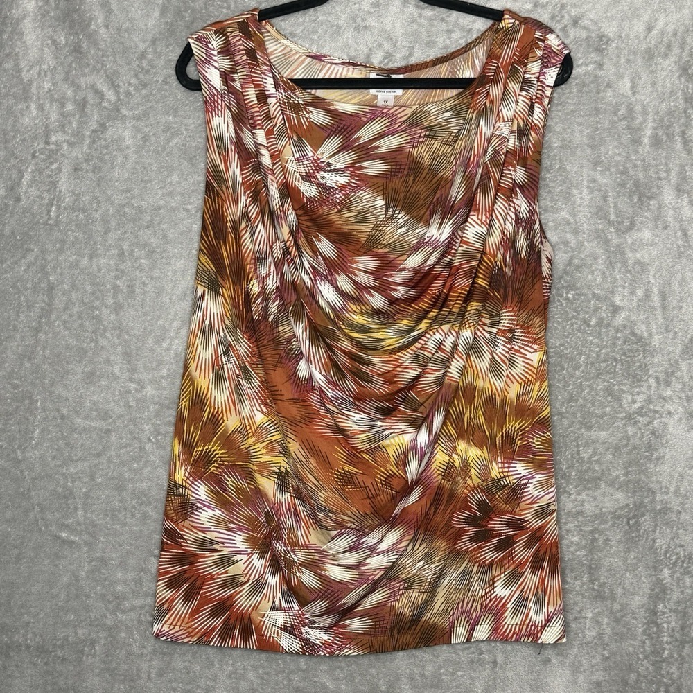 Worthington 1X Shirt Top Brown Floral Sleeveless Scoop Neck Stretch Draped Front